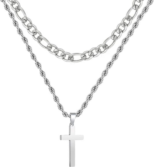 Layered Silver Cross Necklace for Men Stainless Steel Layered Figaro Twist Rope Chains Cross Pendant Necklaces Set Christian Religious Gifts