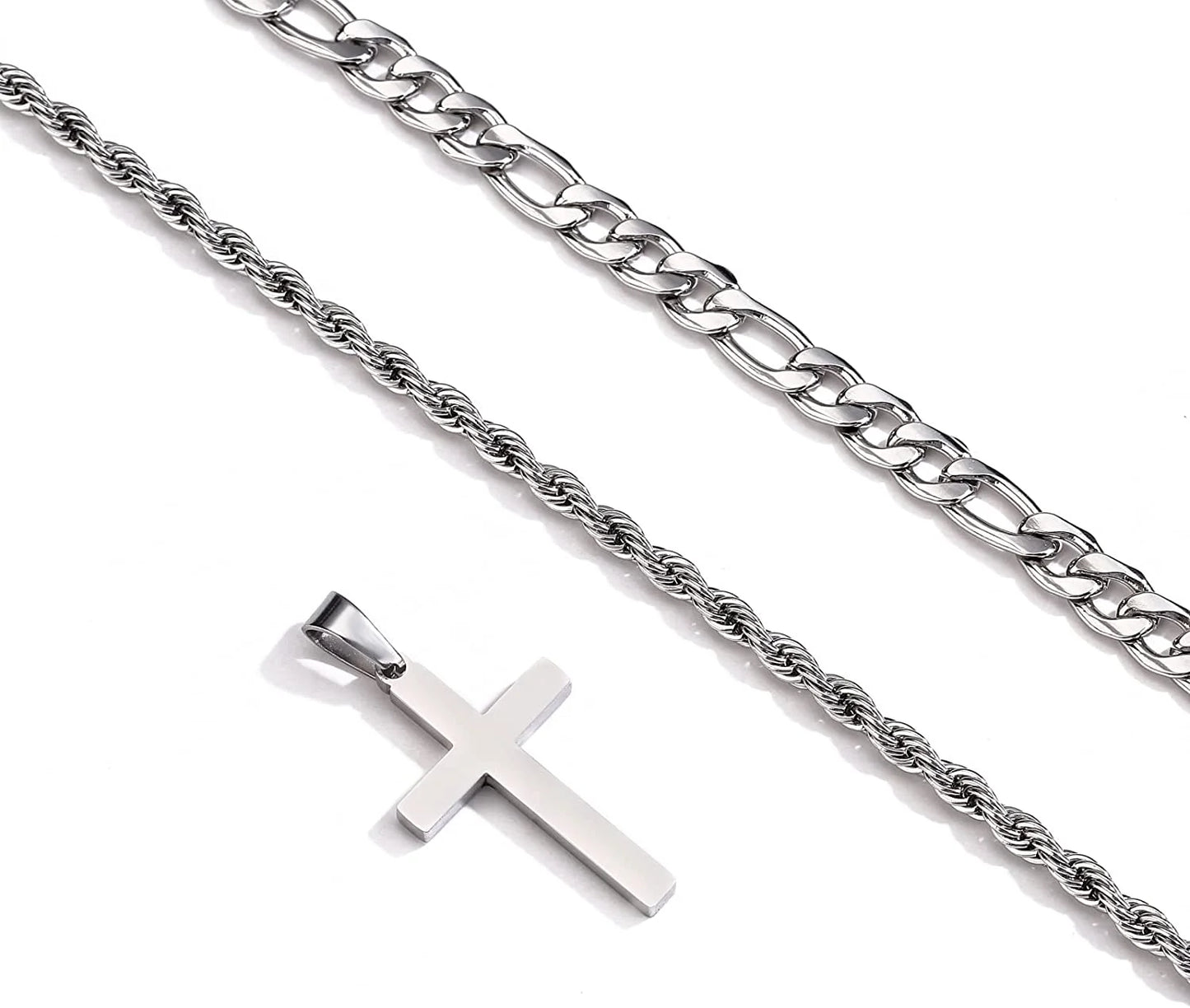 Layered Silver Cross Necklace for Men Stainless Steel Layered Figaro Twist Rope Chains Cross Pendant Necklaces Set Christian Religious Gifts