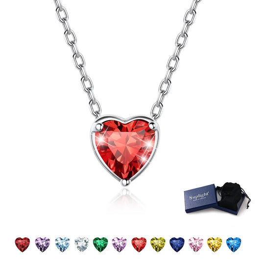 Women 925 Sterling Silver Birthstone Love Heart Necklace, Birthday Valentines Gift