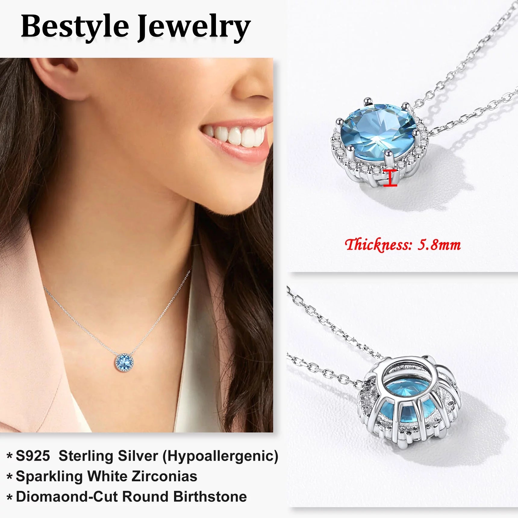 925 Sterling Silver Chain Necklace Square Cut Birthstone Necklaces September Blue Sapphire Crystal Pendant Necklace for Women