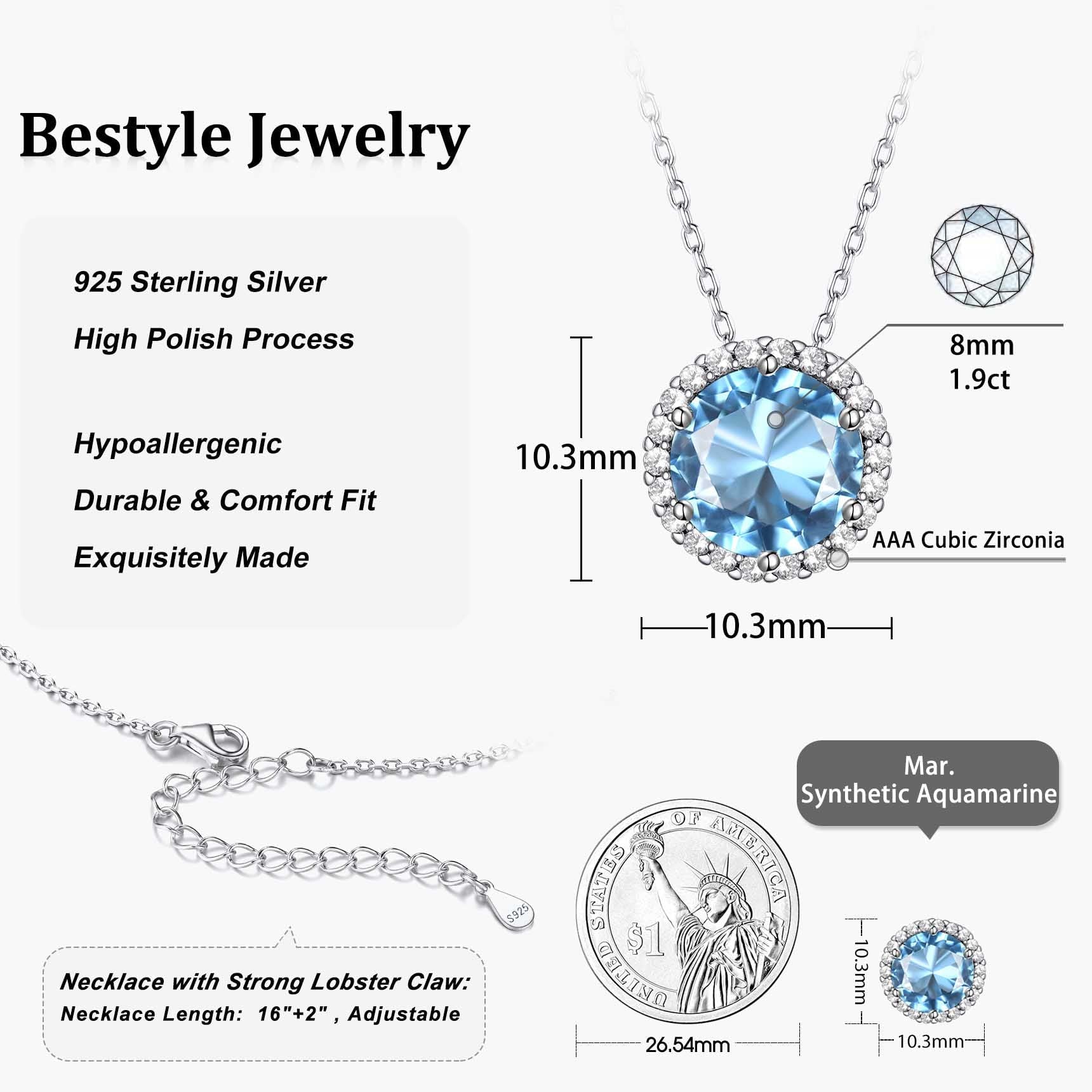 925 Sterling Silver Chain Necklace Square Cut Birthstone Necklaces September Blue Sapphire Crystal Pendant Necklace for Women