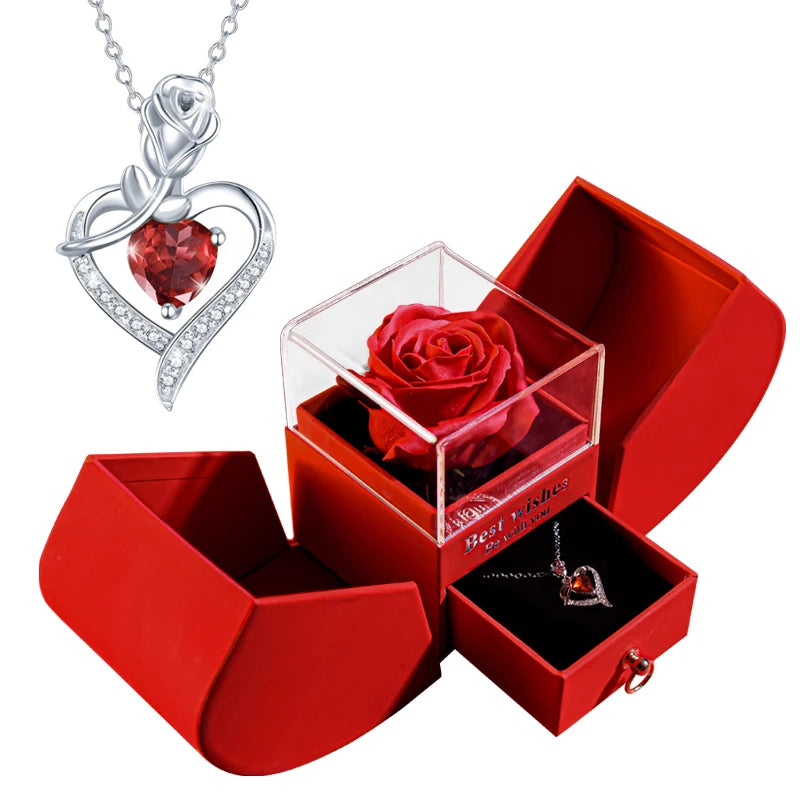 Gift for Women Eternal Rose Gift Box /W Heart Shiny Diamond Necklace Pendant Jewelry Box Set for Wedding Birthday Gift