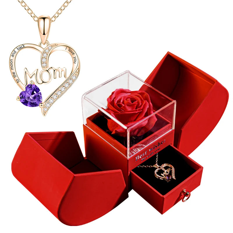 Gift for Women Eternal Rose Gift Box /W Heart Shiny Diamond Necklace Pendant Jewelry Box Set for Wedding Birthday Gift