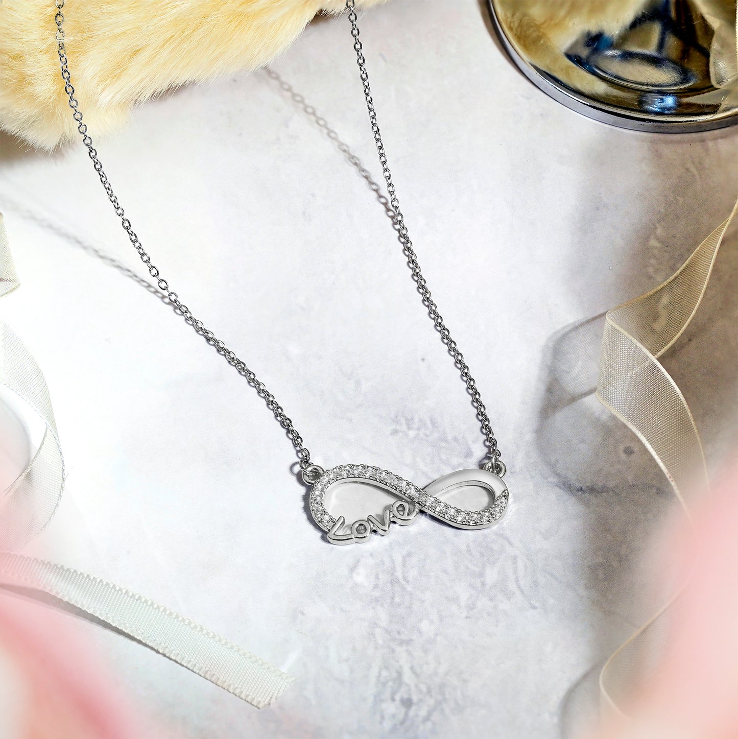 Infinity Love Pendant Necklace - Meaningful Jewelry for Her - Anniversary Gift in 18K White Gold Plated